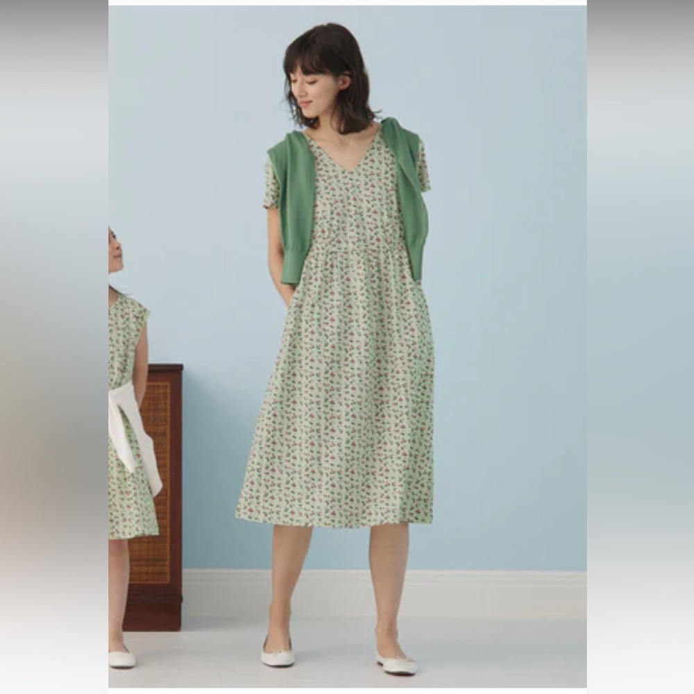 Uniqlo x Paul & Joe Cottage Core Midi Dress Rosette Green Pink XS 100% Cotton
